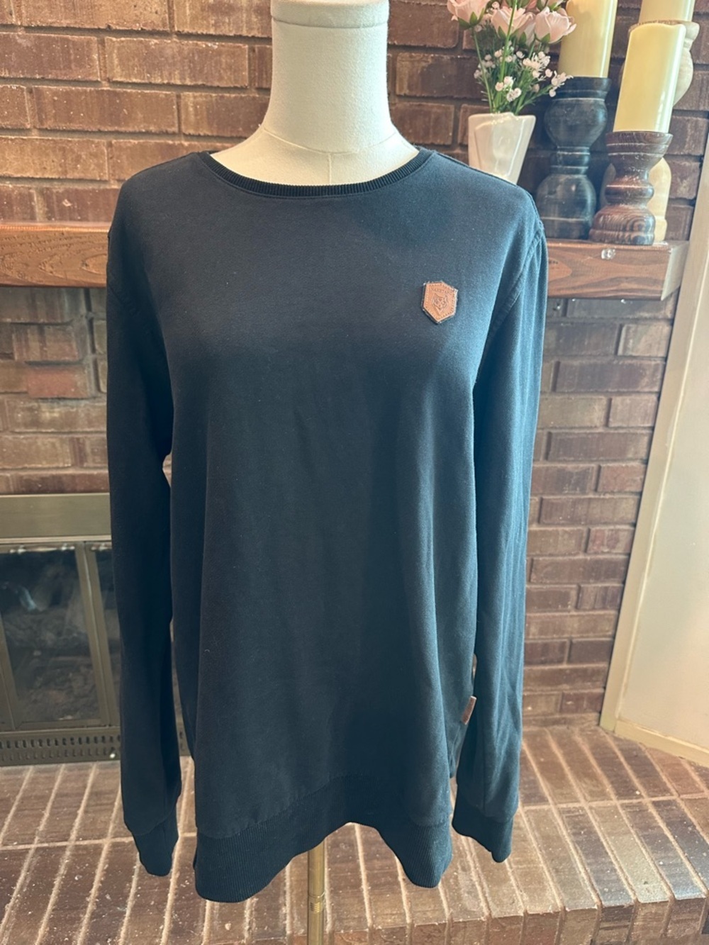 Naketano Black Long Sleeve Crewneck Sweatshirt Leather Patch - Size Large